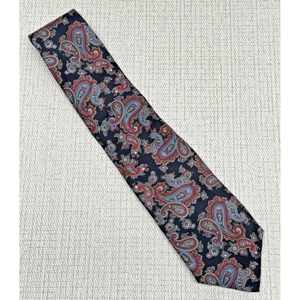 Mallory & Church Paisley Tie Mens OS Navy Blue Silk Classic Dapper Dark Academia